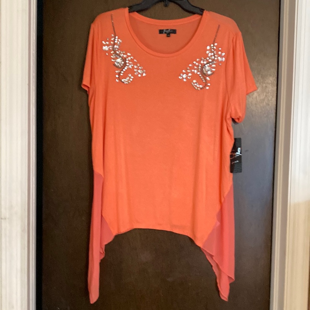 New “Earl Jean” orange blouse with flowing sides. Size PXL